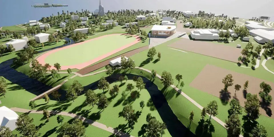 Ilmasta otettu havainnekuva alueelta, johon vesiliikuntakeskus rakennetaan.