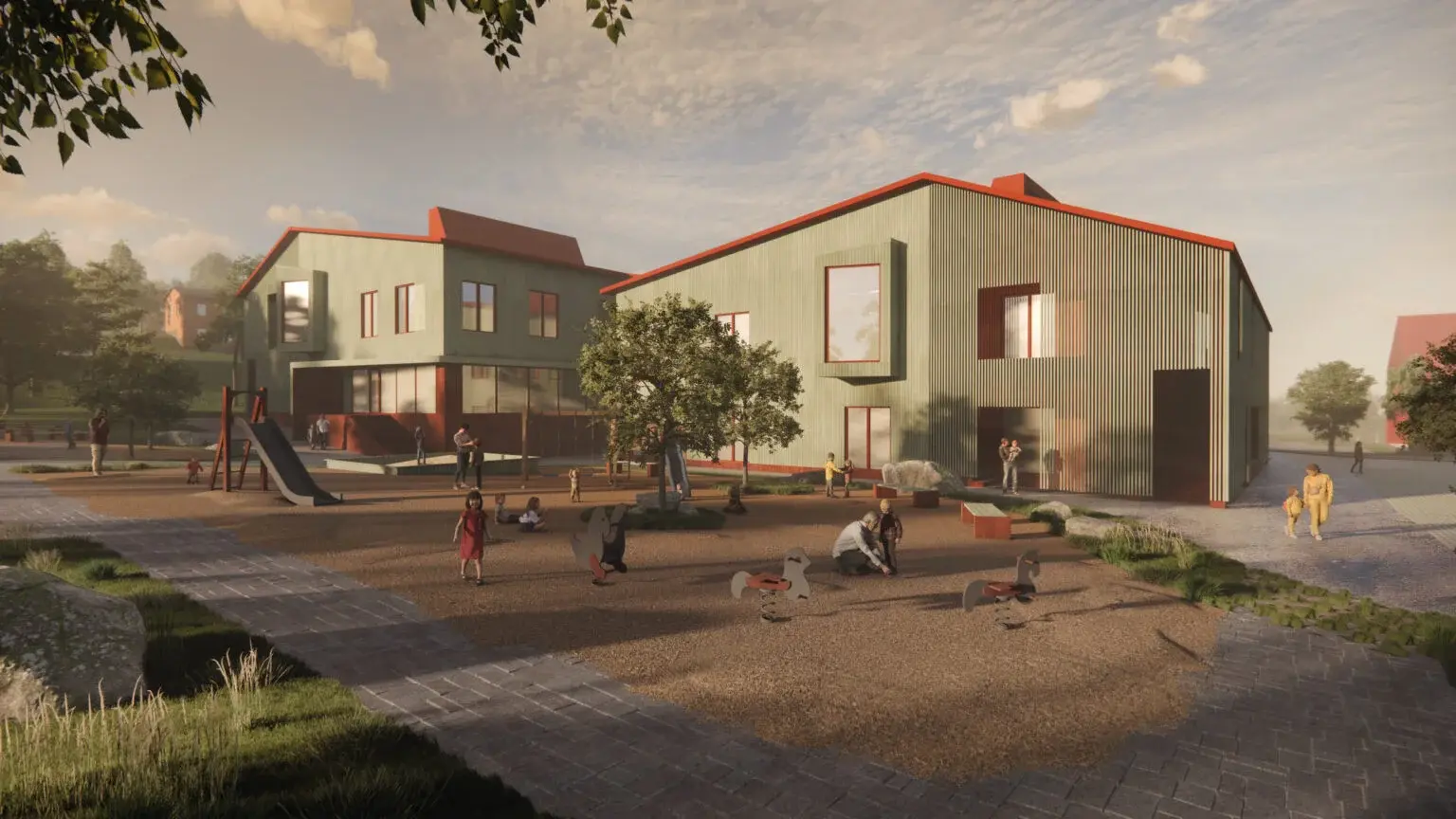 Havainnekuva päiväkodista pihalta.