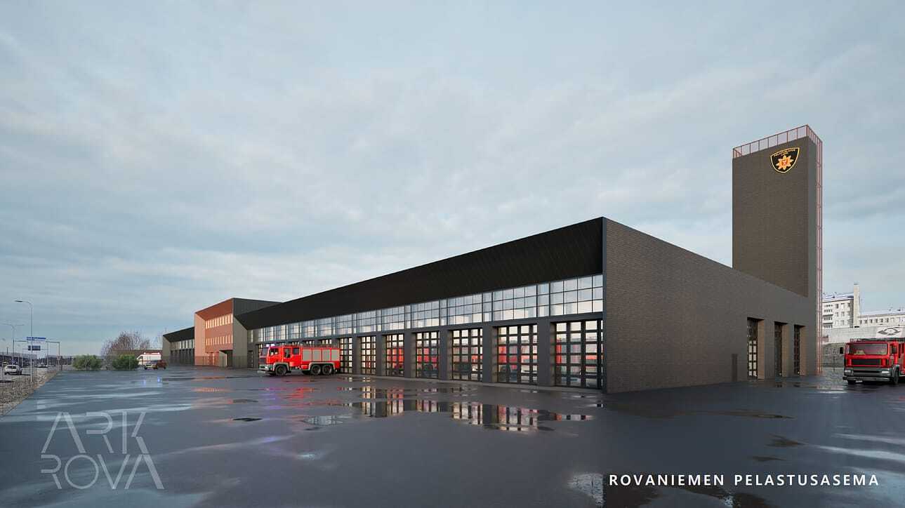 Havainnekuva pelastusasemasta pihalta päin pilvisessä säässä.
